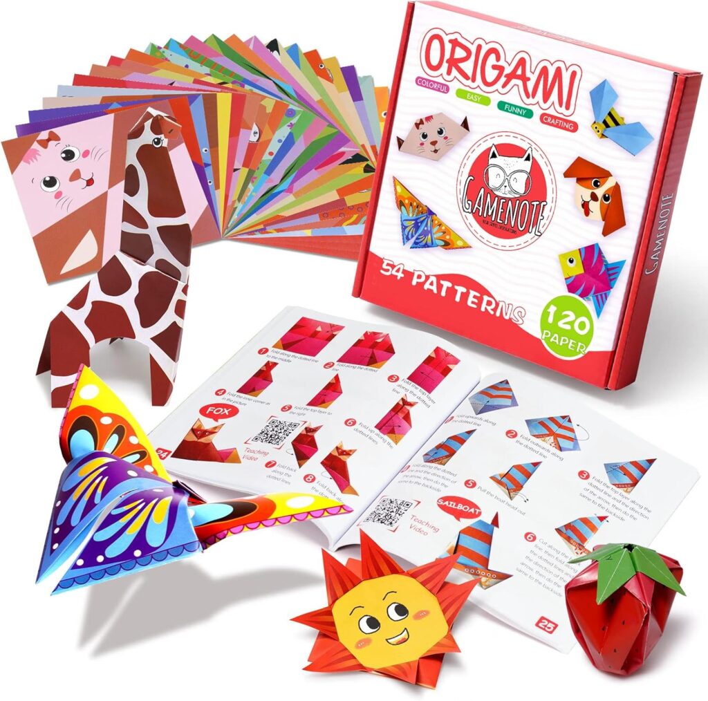 Carta Origami, 120pcs Origami per Bambini Doppia Faccia Fogli Colorati di 54 Bellissimi Modelli Diversi con Manuale di Insegnamento Colorato