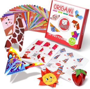 Carta Origami, 120pcs Origami per Bambini Doppia Faccia Fogli Colorati di 54 Bellissimi Modelli Diversi con Manuale di Insegnamento Colorato